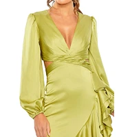 Mac Duggal Satin Deep V-Neck Long Balloon Sleeve Cut-Out Side Tiered Ruffle Asymmetrical Hemline Gown