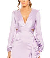 Mac Duggal Satin Deep V-Neck Long Balloon Sleeve Cut-Out Side Tiered Ruffle Asymmetrical Hemline Gown