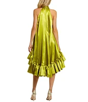 Mac Duggal Satin Halter Mock Neck Sleeveless Ruffle Hem High Low Mini Dress