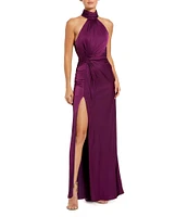 Mac Duggal Satin Halter Mock Neck Sleeveless Side Ruched Gown