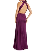 Mac Duggal Satin Halter Mock Neck Sleeveless Side Ruched Gown