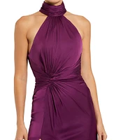 Mac Duggal Satin Halter Mock Neck Sleeveless Side Ruched Gown