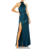 Mac Duggal Satin Halter Mock Neck Sleeveless Side Ruched Gown