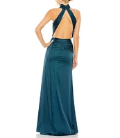 Mac Duggal Satin Halter Mock Neck Sleeveless Side Ruched Gown