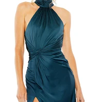 Mac Duggal Satin Halter Mock Neck Sleeveless Side Ruched Gown