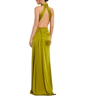 Mac Duggal Satin Halter Mock Neck Sleeveless Side Ruched Gown