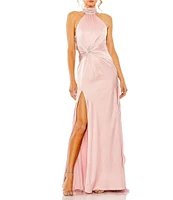 Mac Duggal Satin Halter Mock Neck Sleeveless Side Ruched Gown