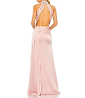 Mac Duggal Satin Halter Mock Neck Sleeveless Side Ruched Gown