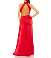 Mac Duggal Satin Halter Mock Neck Sleeveless Side Ruched Gown