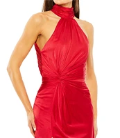 Mac Duggal Satin Halter Mock Neck Sleeveless Side Ruched Gown