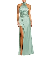 Mac Duggal Satin Halter Mock Neck Sleeveless Side Ruched Gown