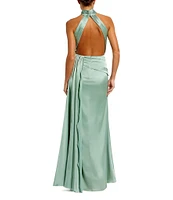 Mac Duggal Satin Halter Mock Neck Sleeveless Side Ruched Gown