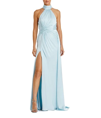 Mac Duggal Satin Halter Mock Neck Sleeveless Side Ruched Gown