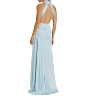 Mac Duggal Satin Halter Mock Neck Sleeveless Side Ruched Gown