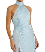 Mac Duggal Satin Halter Mock Neck Sleeveless Side Ruched Gown