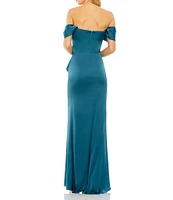 Mac Duggal Satin Off The Shoulder Bustier Ruched Ruffle Gown