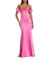 Mac Duggal Satin Off-The-Shoulder Neck Short Sleeve Bow Detail Gown