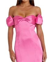 Mac Duggal Satin Off-The-Shoulder Neck Short Sleeve Bow Detail Gown