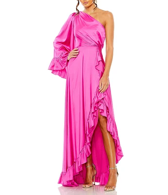 Mac Duggal Satin One Shoulder Long Bell Sleeve Ruffled Hem Gown