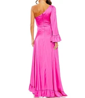 Mac Duggal Satin One Shoulder Long Bell Sleeve Ruffled Hem Gown