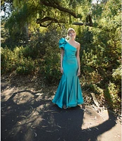 Mac Duggal Satin One Shoulder Neck Sleeveless Bow Detail Mermaid Gown