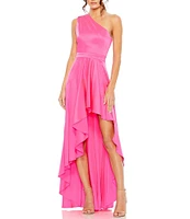 Mac Duggal Satin One Shoulder Sleeveless Ruffle High-Low A-Line Dress