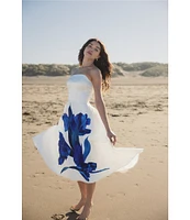 Mac Duggal Satin Placement Floral Print Strapless Neck Sleeveless A-Line Midi Dress