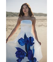 Mac Duggal Satin Placement Floral Print Strapless Neck Sleeveless A-Line Midi Dress