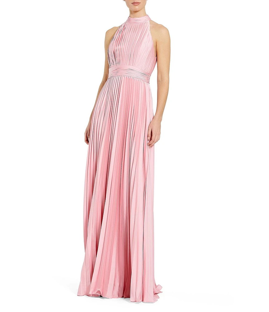 Mac Duggal Satin Pleated Halter Neck Sleeveless A-Line Gown