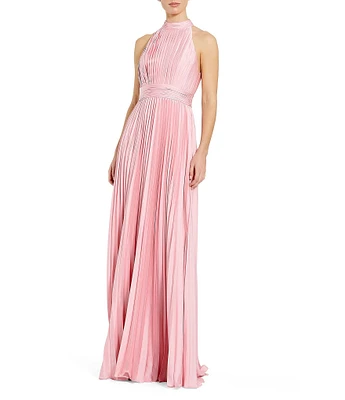 Mac Duggal Satin Pleated Halter Neck Sleeveless A-Line Gown