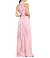 Mac Duggal Satin Pleated Halter Neck Sleeveless A-Line Gown