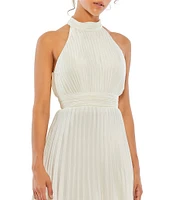 Mac Duggal Satin Pleated Halter Neck Sleeveless A-Line Dress