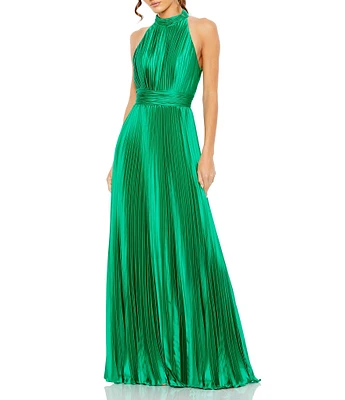 Mac Duggal Satin Pleated Halter Neck Sleeveless A-Line Dress