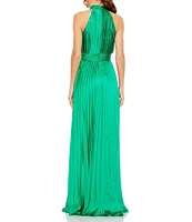 Mac Duggal Satin Pleated Halter Neck Sleeveless A-Line Dress