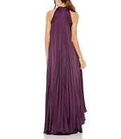 Mac Duggal Satin Pleated Halter Neck Sleeveless High-Low Hem Caftan Gown