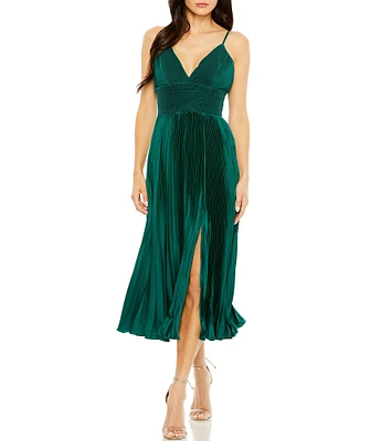 Mac Duggal Satin Pleated V-Neck Sleeveless Midi Dress