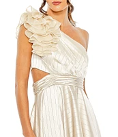 Mac Duggal Satin Ruffle Asymmetrical Neck Sleeveless Side Cut-Out High-Low Gown