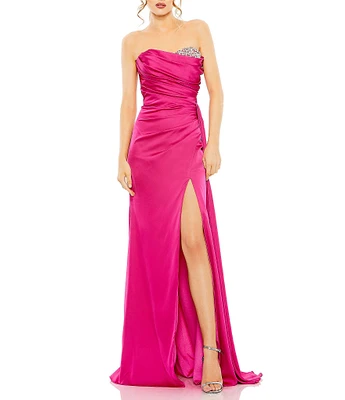 Mac Duggal Satin Strapless Ruched Bodice Beaded Neck Gown