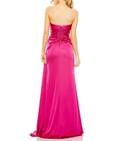 Mac Duggal Satin Strapless Ruched Bodice Beaded Neck Gown
