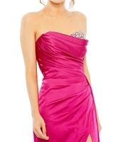 Mac Duggal Satin Strapless Ruched Bodice Beaded Neck Gown