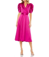 Mac Duggal Satin Surplice V-Neck Short Puffed Sleeve A-Line Midi Dress