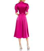 Mac Duggal Satin Surplice V-Neck Short Puffed Sleeve A-Line Midi Dress