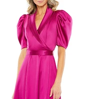 Mac Duggal Satin Surplice V-Neck Short Puffed Sleeve A-Line Midi Dress