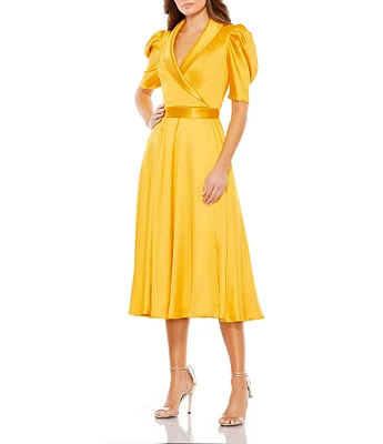 Mac Duggal Satin Surplice V-Neck Short Puffed Sleeve A-Line Midi Dress