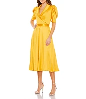 Mac Duggal Satin Surplice V-Neck Short Puffed Sleeve A-Line Midi Dress