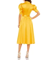 Mac Duggal Satin Surplice V-Neck Short Puffed Sleeve A-Line Midi Dress