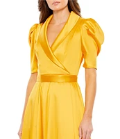 Mac Duggal Satin Surplice V-Neck Short Puffed Sleeve A-Line Midi Dress