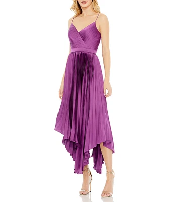 Mac Duggal Satin Surplice V-Neck Sleeveless Flowy Pleated Midi Dress