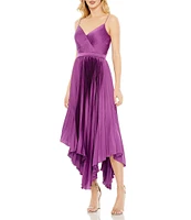 Mac Duggal Satin Surplice V-Neck Sleeveless Flowy Pleated Midi Dress