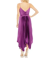 Mac Duggal Satin Surplice V-Neck Sleeveless Flowy Pleated Midi Dress